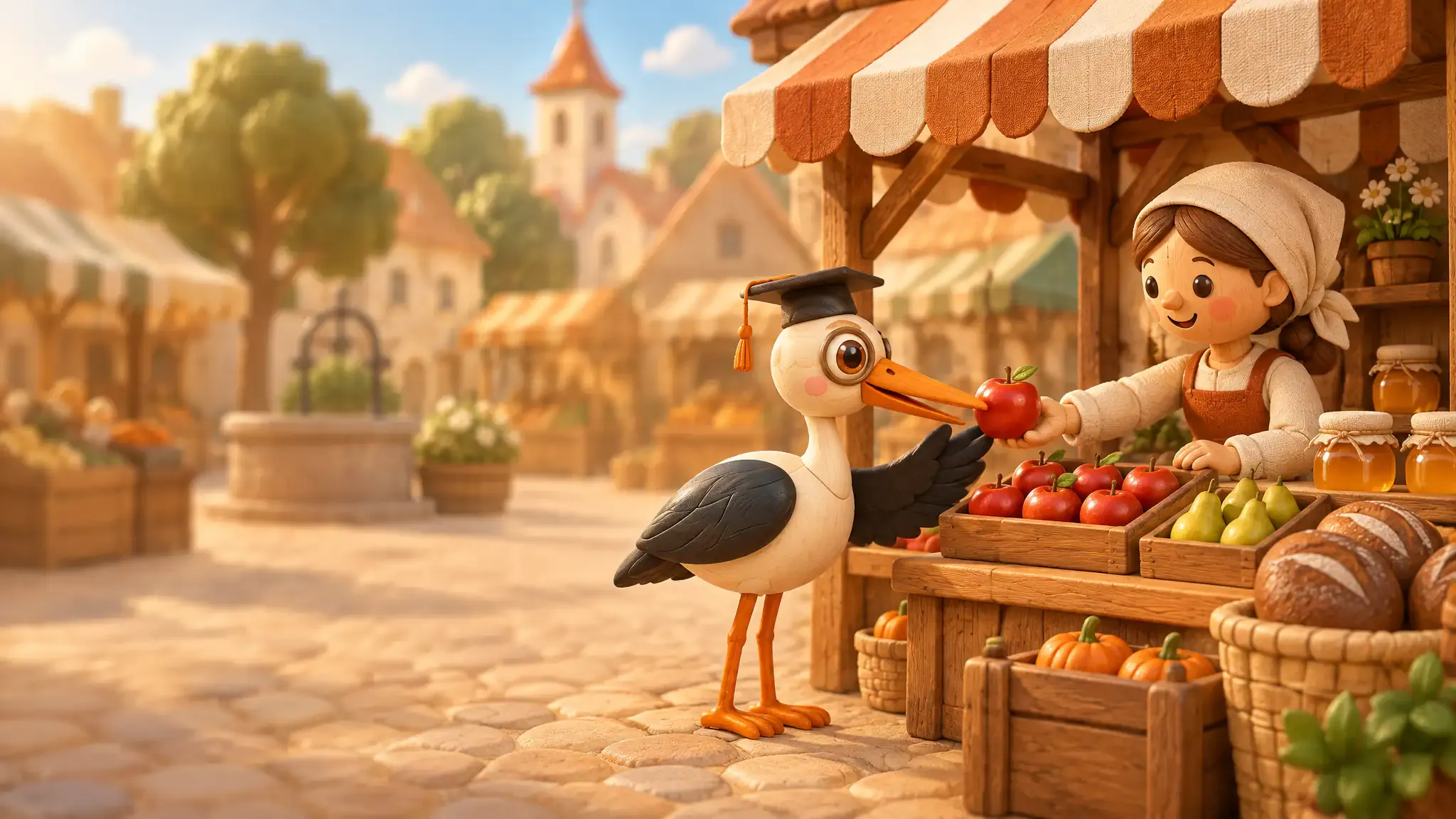 A wooden stork in a mortarboard and monocle takes an apple from a market vendor at a stall in the Gandras village square.